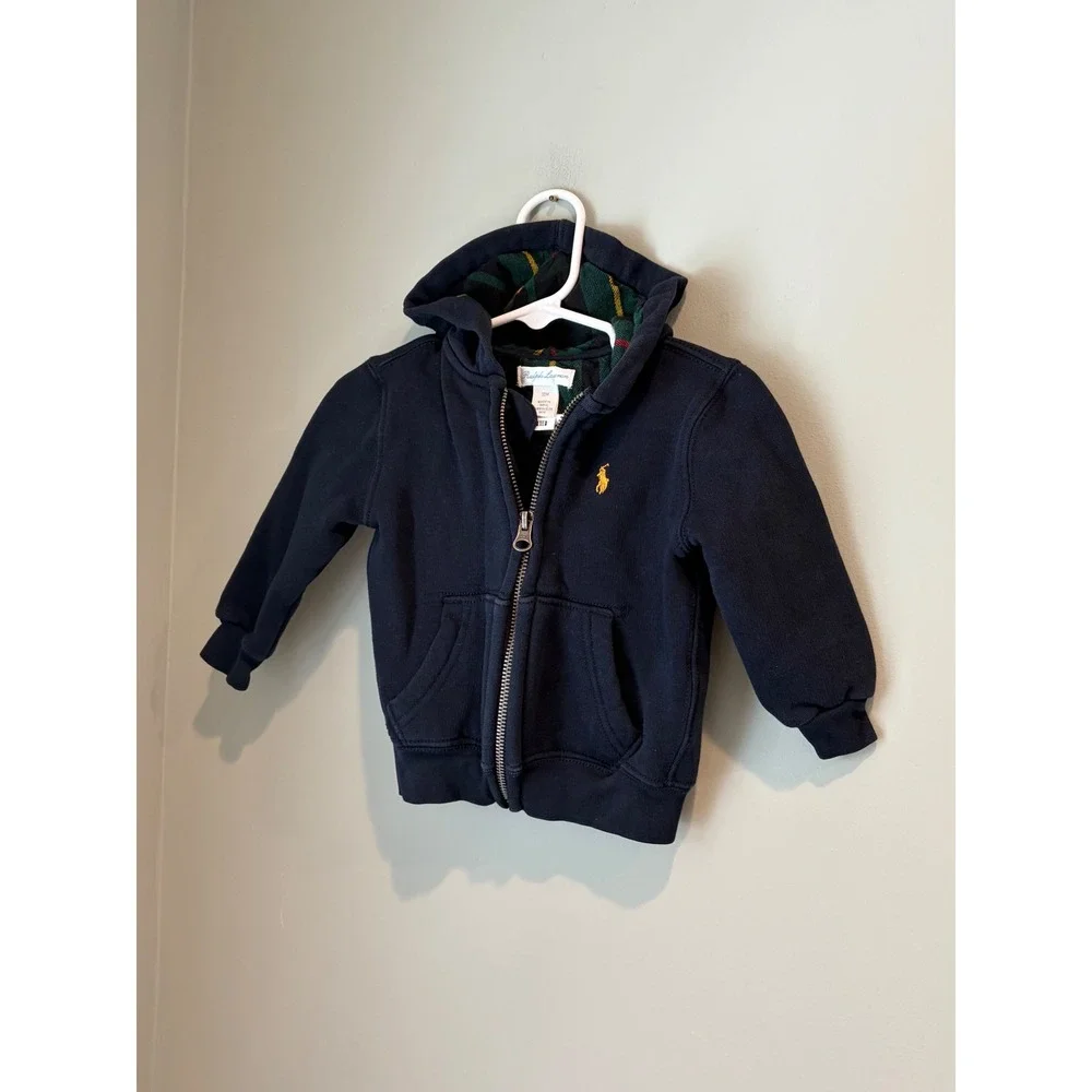 Ralph Lauren Boys‎ Navy Blue Plaid Lined Full Zip Fleece Hoodie 18M Yellow Pony